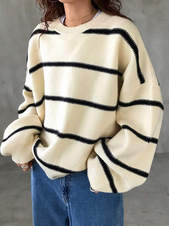 Damen Oversized Strickpullover mit trendigem Streifenmuster und lässiger Passform EB