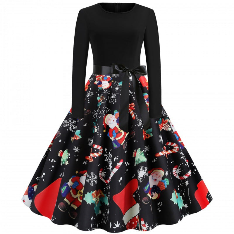 Damen Weihnachtliches Vintage-Swingkleid mit Santa- und Zuckerstangen-Print, tailliertem Oberteil und Satinschleife EB
