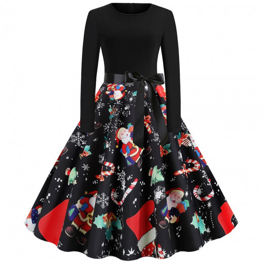 Damen Weihnachtliches Vintage-Swingkleid mit Santa- und Zuckerstangen-Print, tailliertem Oberteil und Satinschleife EB