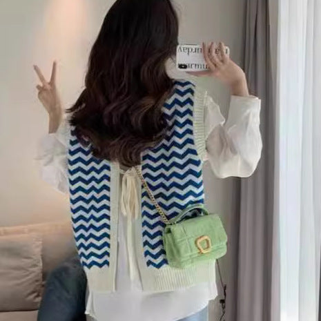 Damen Strickpullover mit Zickzackmuster und elegantem Kragen EB