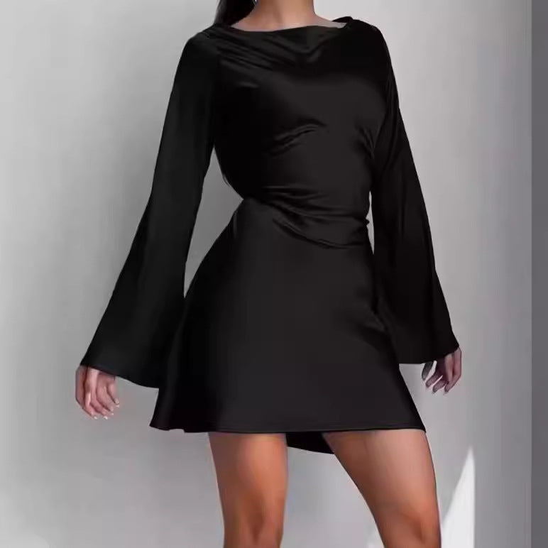 Damen Elegantes Wickelkleid mit glattem Stoff und weit geschnittenen Ärmeln EB