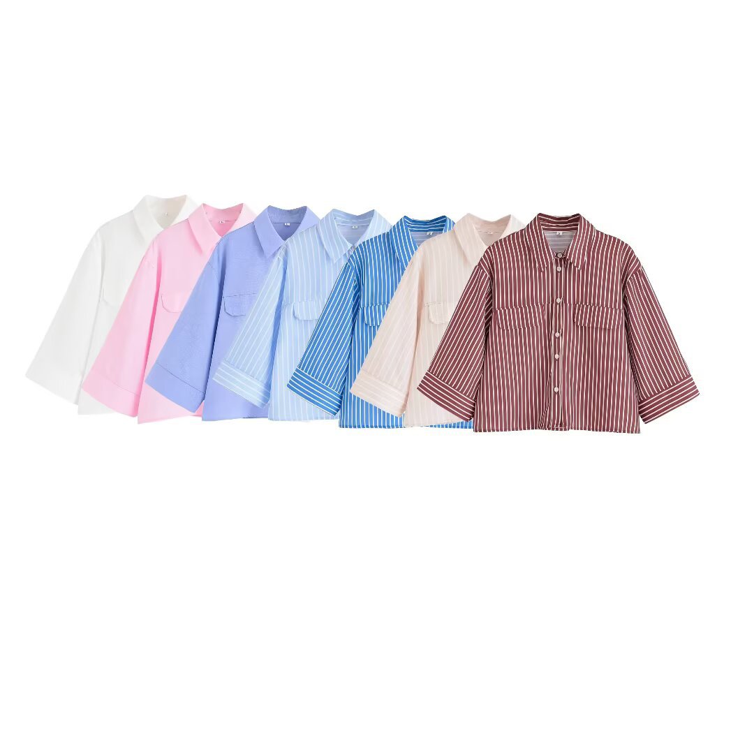 Damen gestreifte Bluse mit übergroßem Schnitt und praktischen Taschen EB