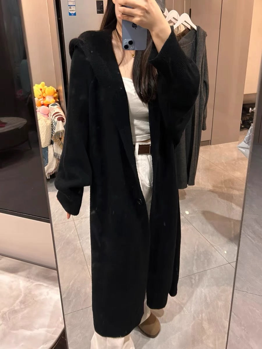 Damen Langer Strickcardigan mit Kapuze und praktischen Knöpfen EB