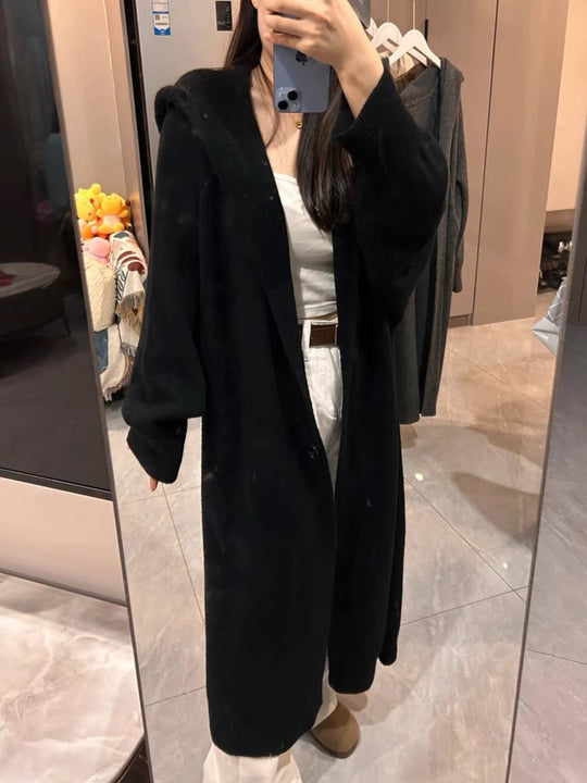 Damen Langer Strickcardigan mit Kapuze und praktischen Knöpfen EB