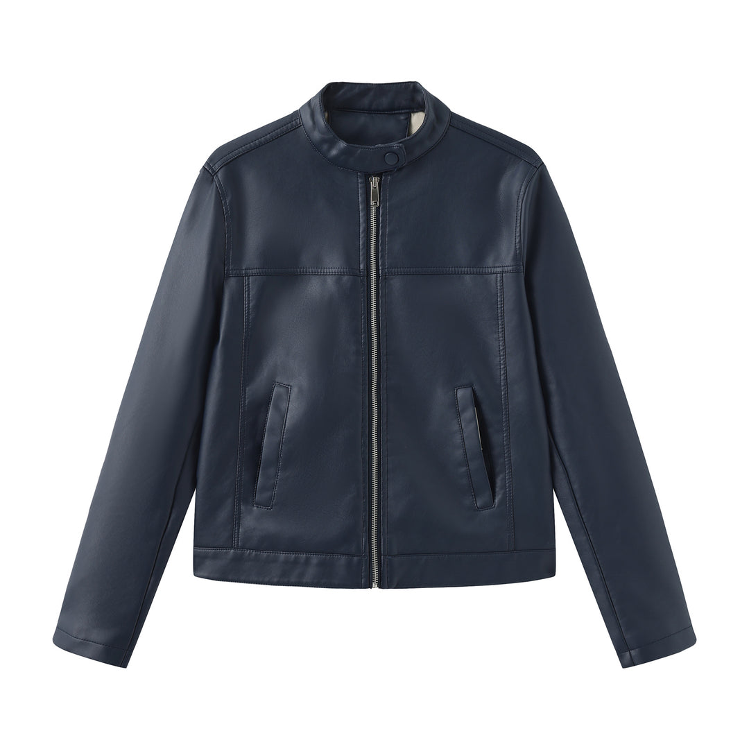 Herren nan minimalistische Kunstlederjacke mit Stehkragen, Metallreißverschluss und eingearbeiteten Seitentaschen EB