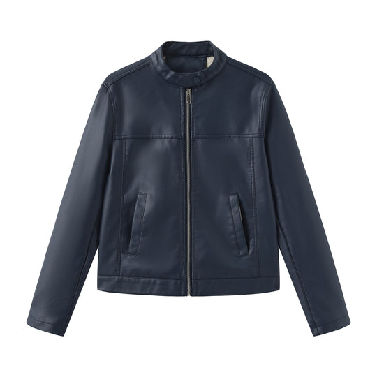 Herren nan minimalistische Kunstlederjacke mit Stehkragen, Metallreißverschluss und eingearbeiteten Seitentaschen EB