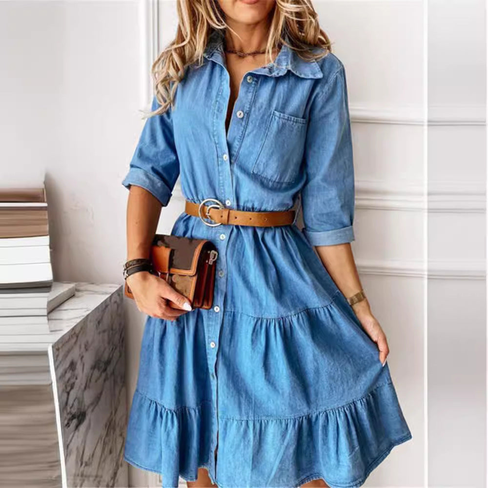 Damen nan Stufen-Hemdblusenkleid mit Taillenbetonung, durchgehender Knopfleiste und Brusttasche EB