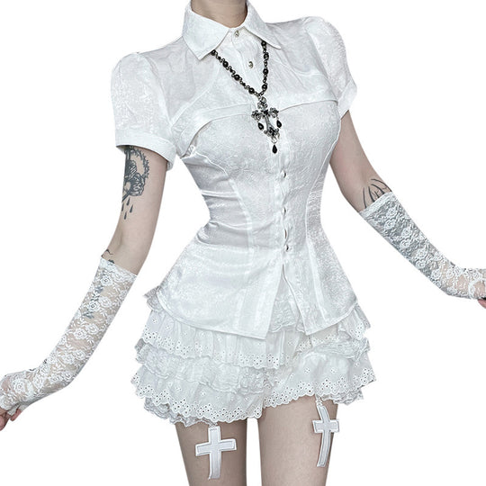 Damen Gothic Spitzenhemd mit eleganten Puffärmeln und Rüschendetails EB