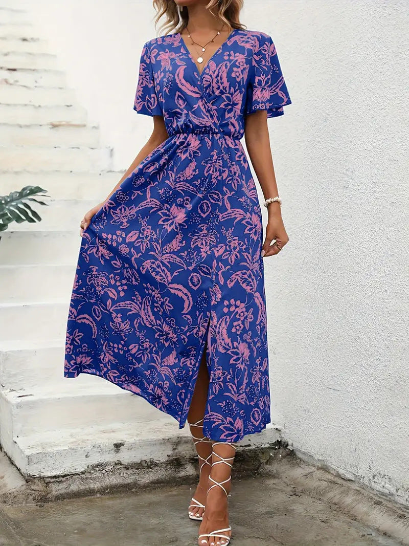 Damen Elegantes Maxikleid mit floralem Print und Taillierung EB
