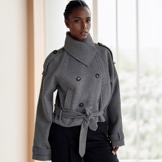 Damen modische Oversized-Wolljacke mit hohem Kragen und Gürtel EB