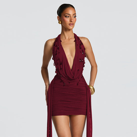 Damen Mini-Kleid mit raffiniertem Drapé und tiefem V-Ausschnitt EB