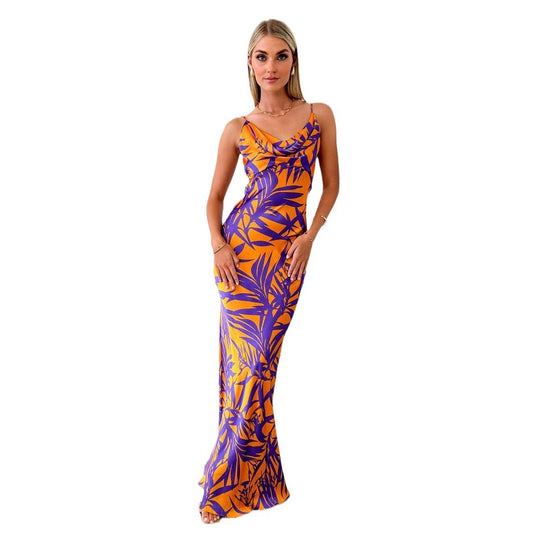Damen Maxikleid mit dekorativem Blätterdruck und lässigem Schnitt EB