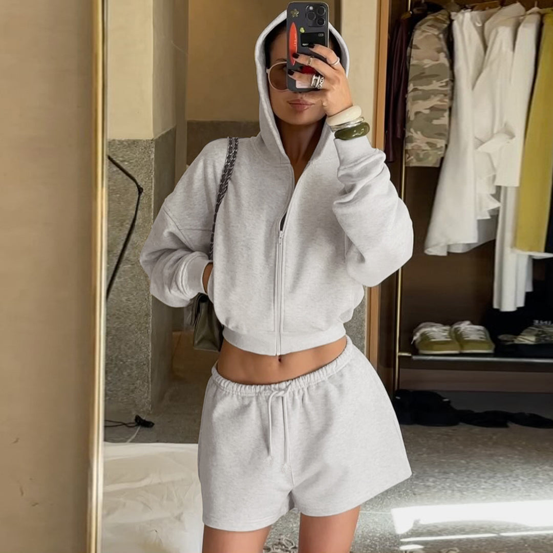 Damen nan kurzes Kapuzen-Hoodie und Drawstring-Shorts Lounge-Set mit durchgehendem Reißverschluss und taillenhohem Bindebund EB