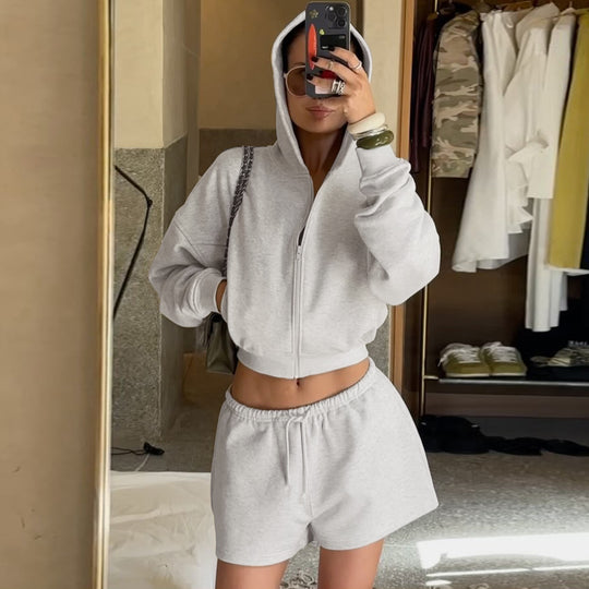 Damen nan kurzes Kapuzen-Hoodie und Drawstring-Shorts Lounge-Set mit durchgehendem Reißverschluss und taillenhohem Bindebund EB