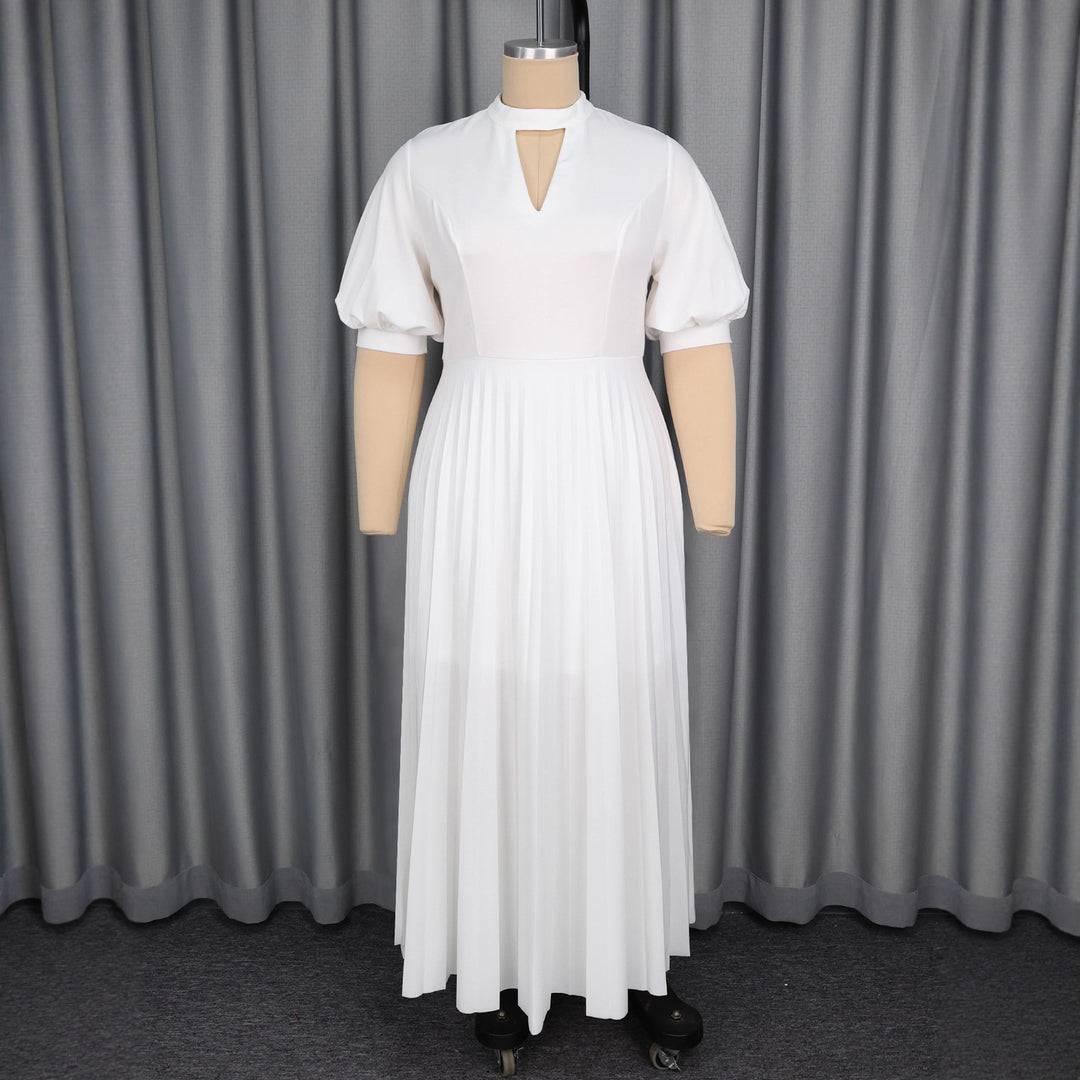 Damen elegantes Maxikleid mit plissiertem Rock und modischem Schlüssel-Ausschnitt EB