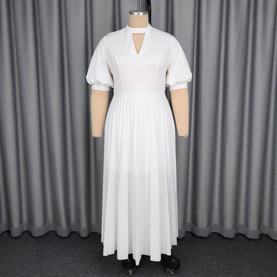Damen elegantes Maxikleid mit plissiertem Rock und modischem Schlüssel-Ausschnitt EB