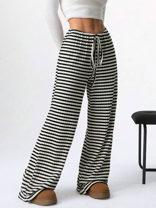 Damen lässige Palazzo-Hose mit seitlichem Kordelzug und modernen Streifen EB