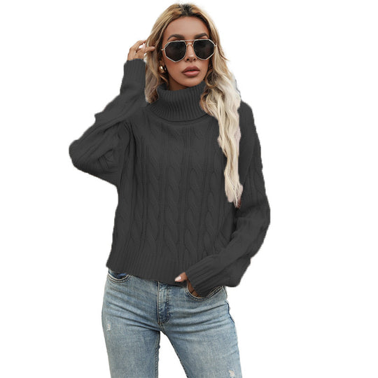 Damen modischer Strickpullover mit hochstehendem Kragen und Kabelstrickmuster EB