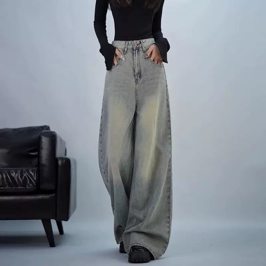 Damen trendige Baggy-Jeans mit hohem Bund und weiten Beinen EB