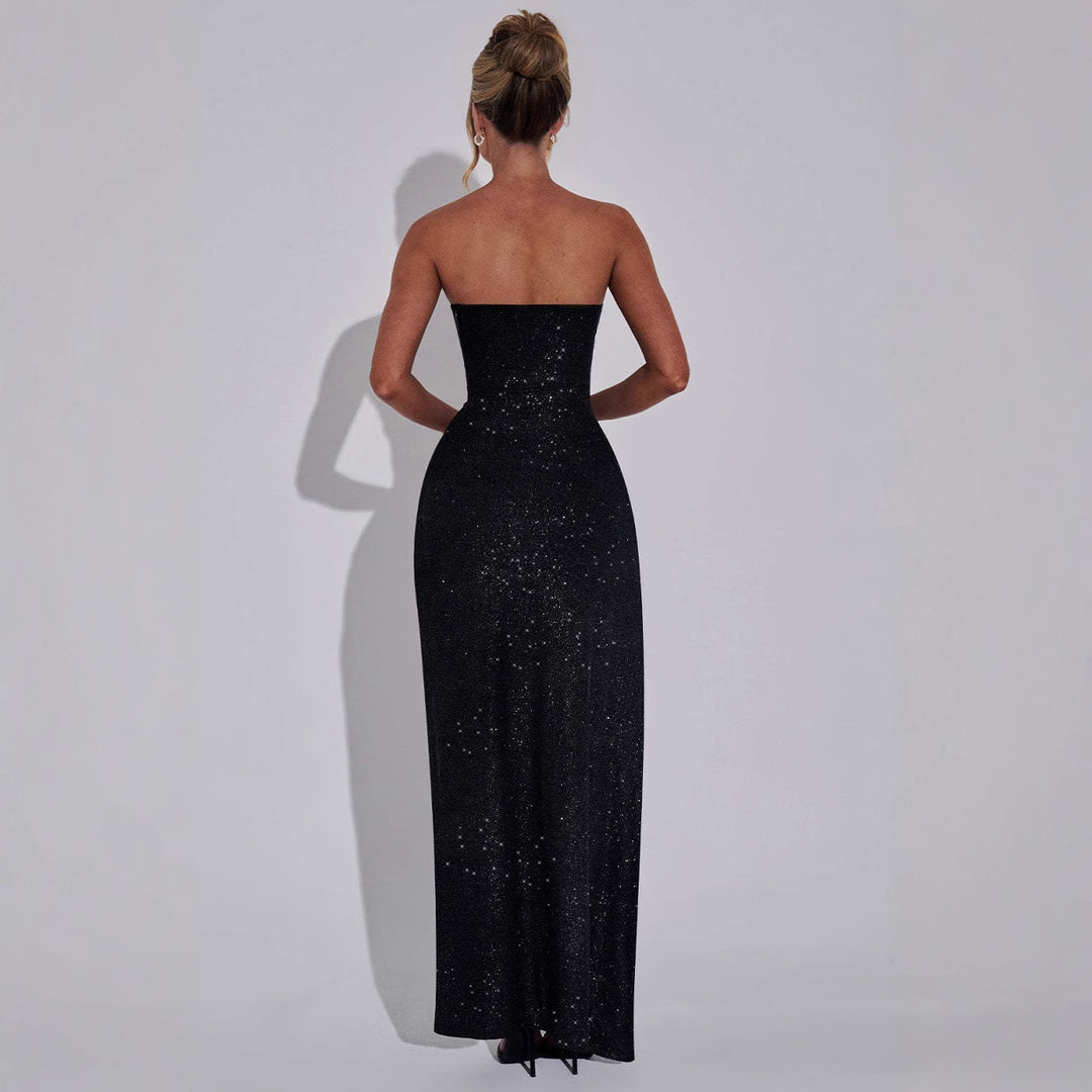 Damen Glitzerndes Abendkleid mit schulterfreiem Design und seitlichem Schlitz EB