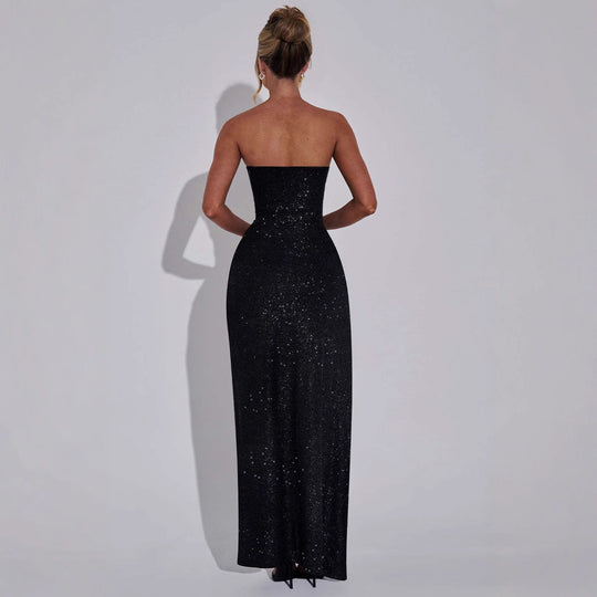 Damen Glitzerndes Abendkleid mit schulterfreiem Design und seitlichem Schlitz EB