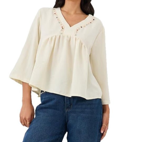 Damen Lockeres V‑Ausschnitt Blusentop mit Stickdetail und Empire‑Raffung EB