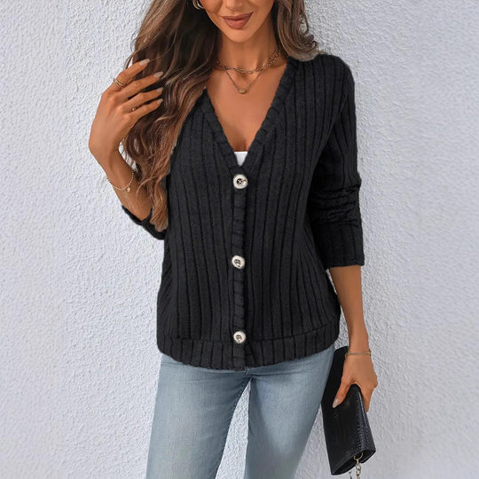 Damen nan gerippter V-Ausschnitt Strickcardigan mit dekorativen Knöpfen, leicht überschnittener Schulter und kastigem Saum EB