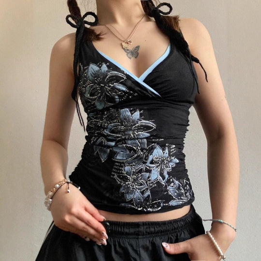 Damen Spaghetti-Trägertop mit floralem Druck und elegantem V-Ausschnitt EB