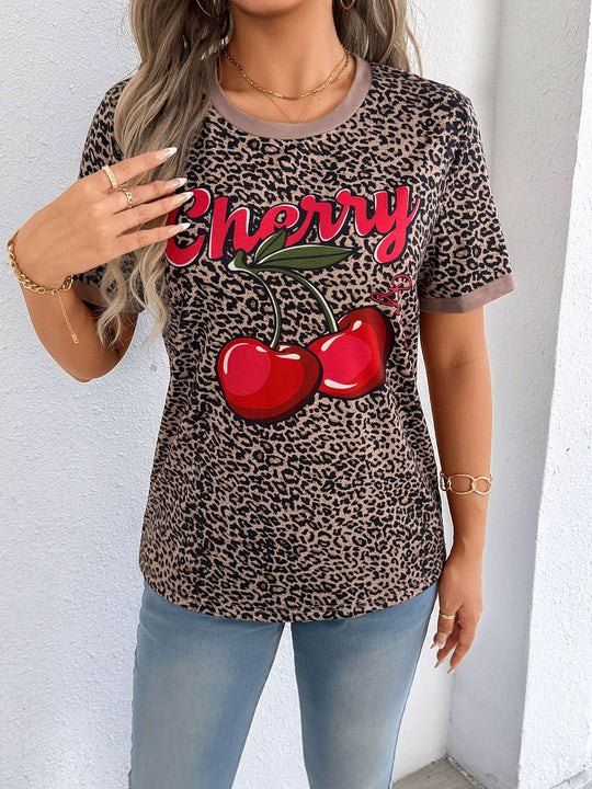 Damen lässiges T-Shirt mit Leopardenmuster und frischem Kirschen-Print EB