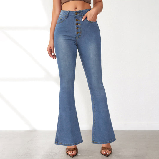 Damen Flared Jeans mit hohem Bund und Knopfdetail EB