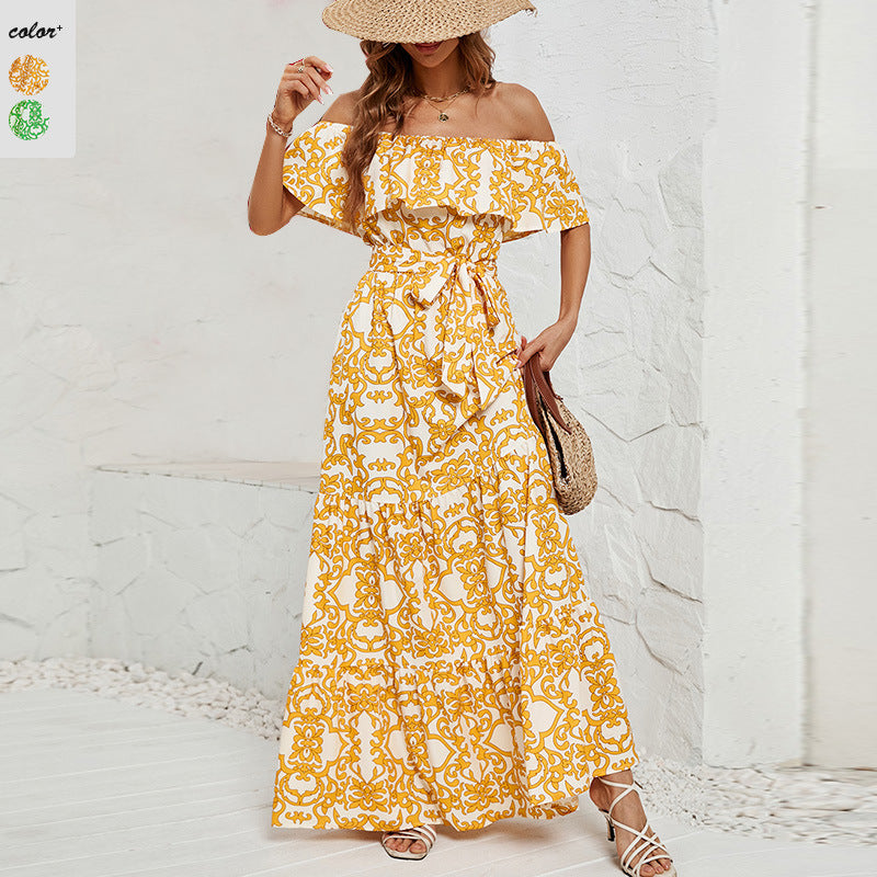 Damen Maxikleid mit schulterfreiem Design, frischem Blätterdruck und elastischer Taillierung EB