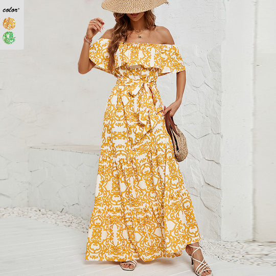 Damen Maxikleid mit schulterfreiem Design, frischem Blätterdruck und elastischer Taillierung EB