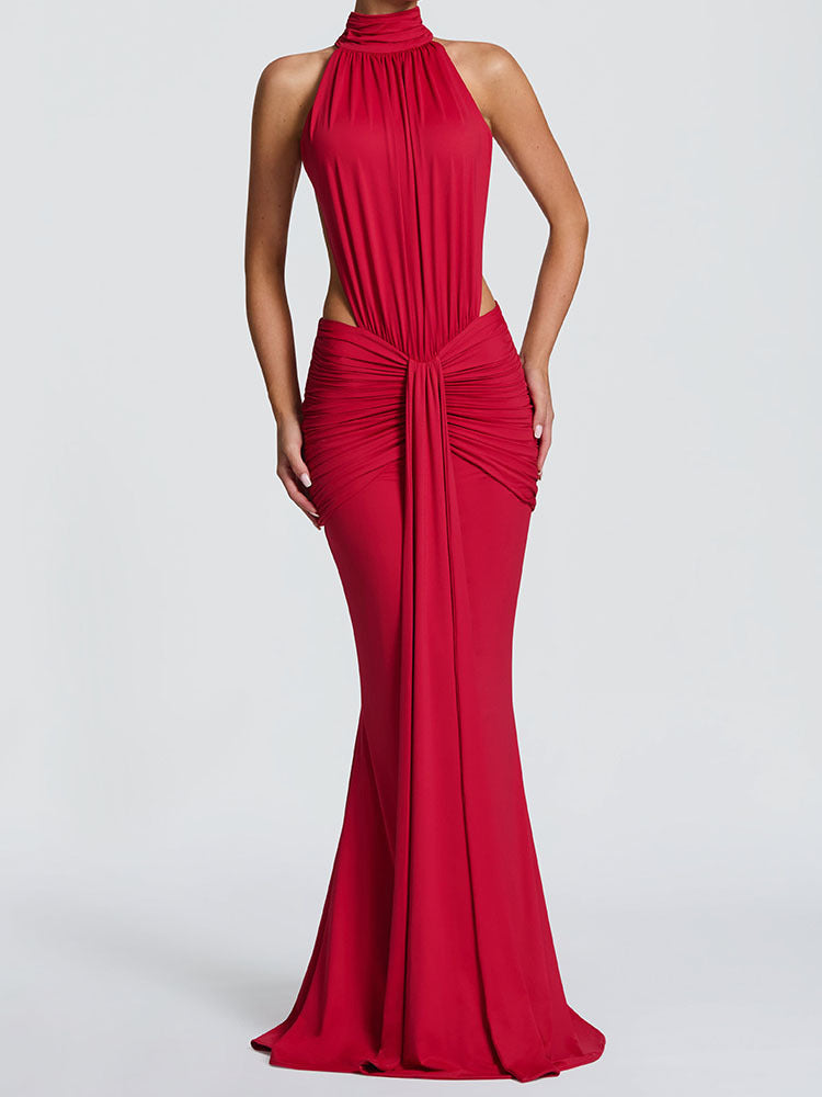 Damen Elegantes Maxikleid mit drapiertem Vorderteil und hochgeschlossenem Design EB