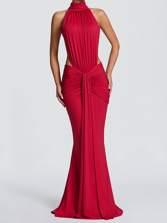Damen Elegantes Maxikleid mit drapiertem Vorderteil und hochgeschlossenem Design EB