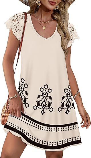 Damen Sommerkleid mit eleganten Spitzenärmeln und floralem Muster EB