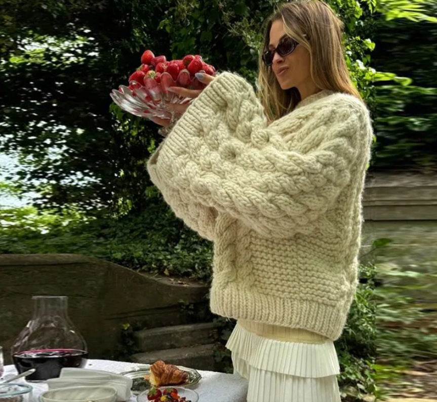 Damen oversize Strickpullover mit Zopfstrickmuster EB