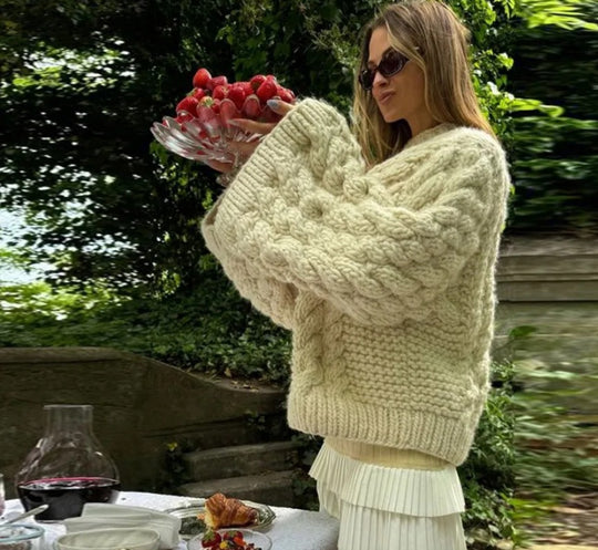 Damen oversize Strickpullover mit Zopfstrickmuster EB