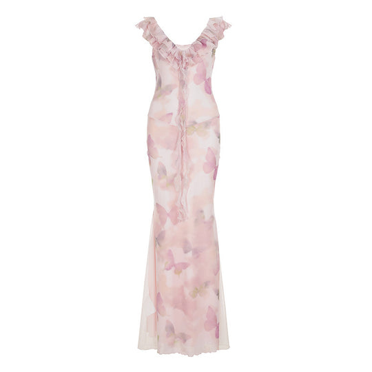 Damen Maxikleid aus transparentem Chiffon mit Rüschendetails und floralem Design EB