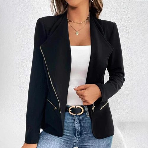Damen modische Blazerjacke mit asymmetrischem Reißverschluss und eleganten Taschen Heidi-Mode