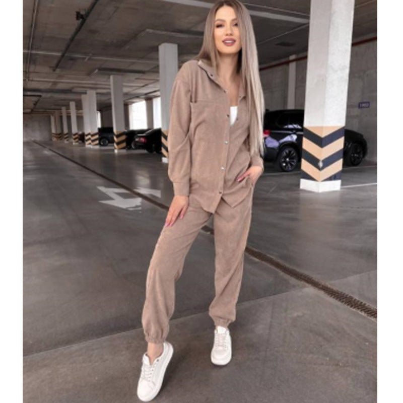 Damen bequeme Lounge-Set mit Knopfleiste und elastischen Bündchen EB