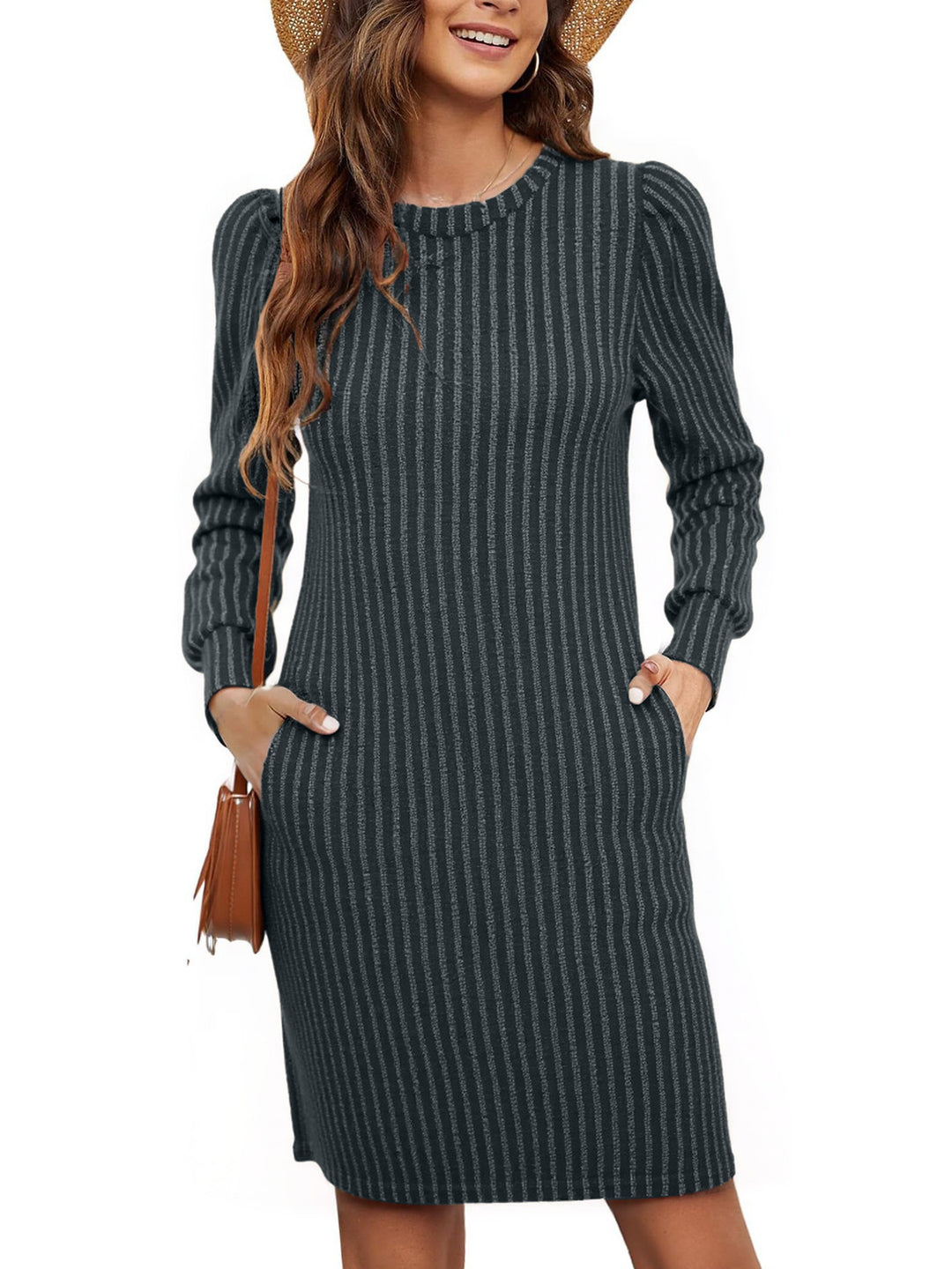 Damen nan gestricktes A-Linien Strickkleid mit Puffärmeln EB