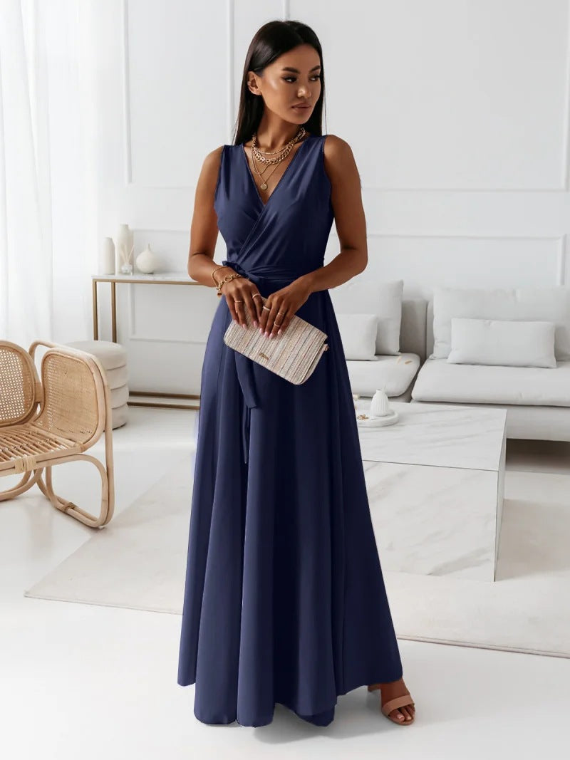 Damen Wickel-Maxikleid mit tiefem V-Ausschnitt und fließendem Schnitt EB