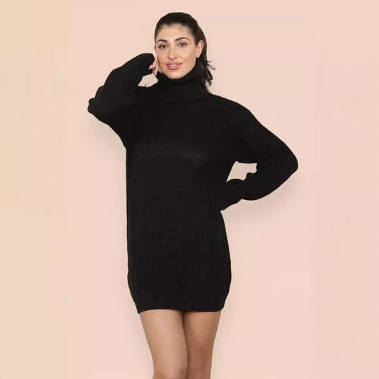 Damen Strickkleid mit hohem Kragen und strukturiertem Maschenbild EB