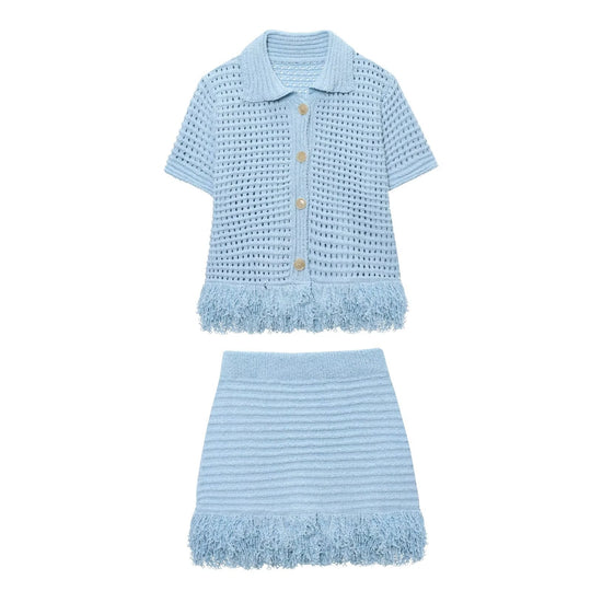 Damen Kurzarm-Strickjacke mit fransigem Saum und dekorativen Knöpfen EB