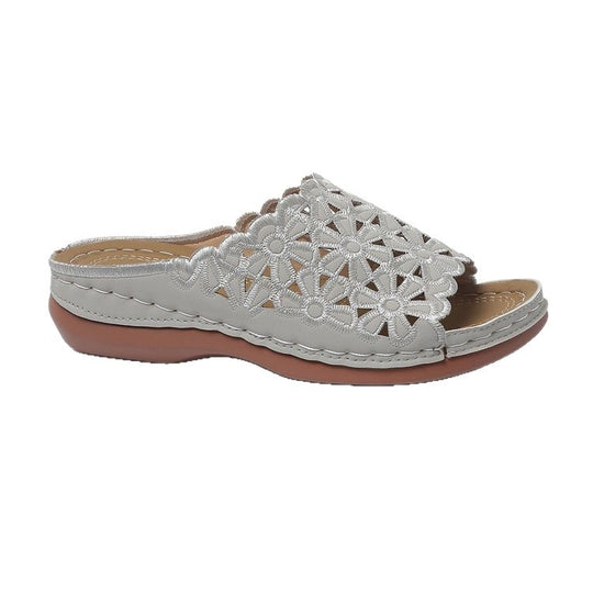 Damen Komfortable Slip-On Sandalen mit filigranem Blumendesign EB