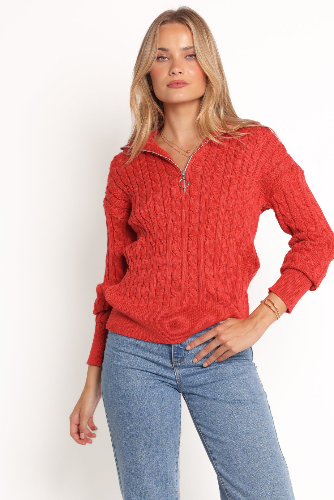 Damen Strickpullover mit elegantem Kabelmuster und modischem Stehkragen EB