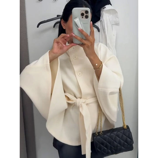 Damen elegante Cape-Jacke mit Knoten-Detail und voluminösen Ärmeln EB
