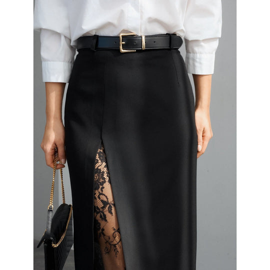 Damen Eleganter Maxirock mit transparentem Spitzeneinsatz und seitlichem Schlitz EB