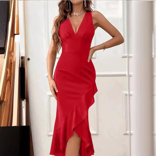 Damen figurbetontes Kleid mit asymmetrischem Saum und V-Ausschnitt EB