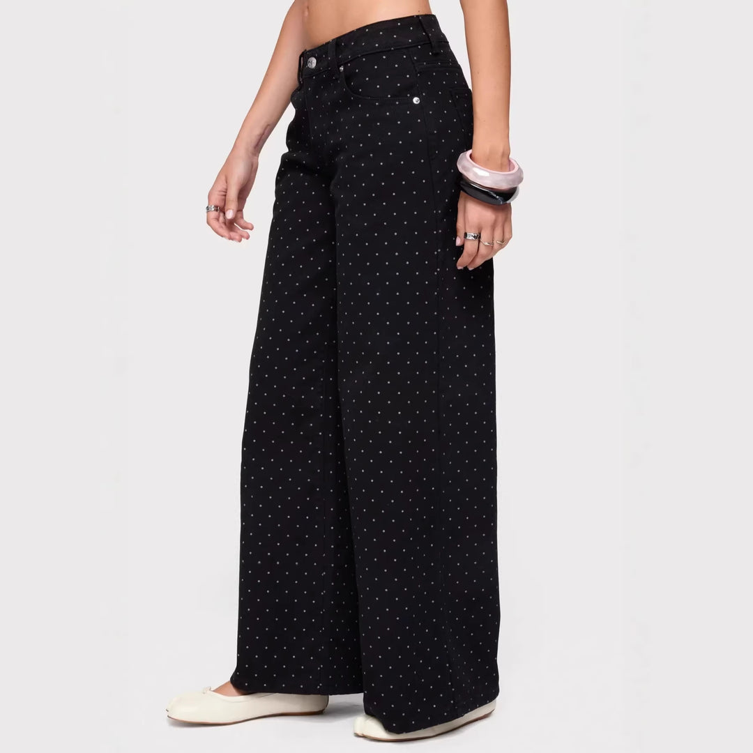 Damen nan hochgeschnittene weite Denimhose mit durchgehendem Punktmuster und klassischem Taschen-Design EB